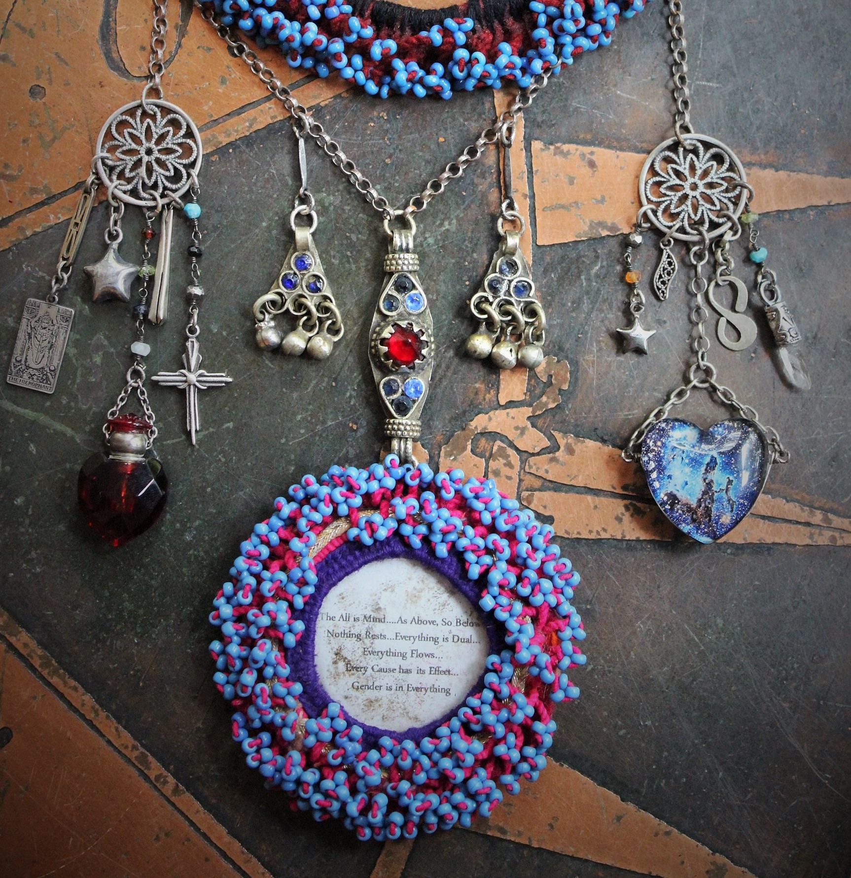 The 3 Initiates Necklace with Antique Beaded Kuchi Gypsy Trim and Medallion,Pillars of Creation Glass Heart,Sterling The Hierophant Tarot Medal & Much More!