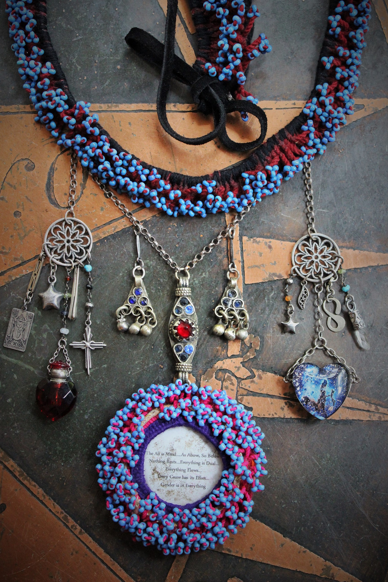 The 3 Initiates Necklace with Antique Beaded Kuchi Gypsy Trim and Medallion,Pillars of Creation Glass Heart,Sterling The Hierophant Tarot Medal & Much More!