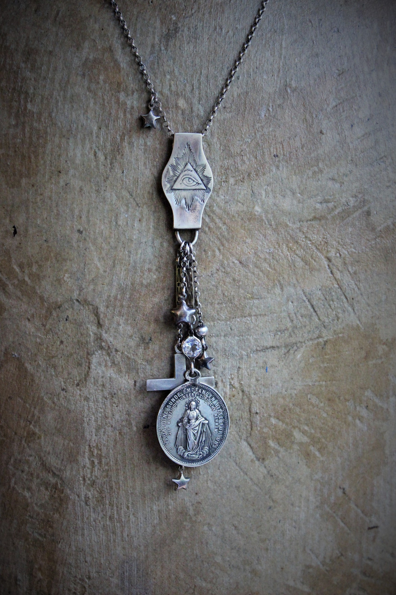 NEW! Amazing Antique Sterling Eye Of God Necklace with Antique Marian Medal,Antique Sterling Puffy Stars,Sterling Rolo Chain & More!