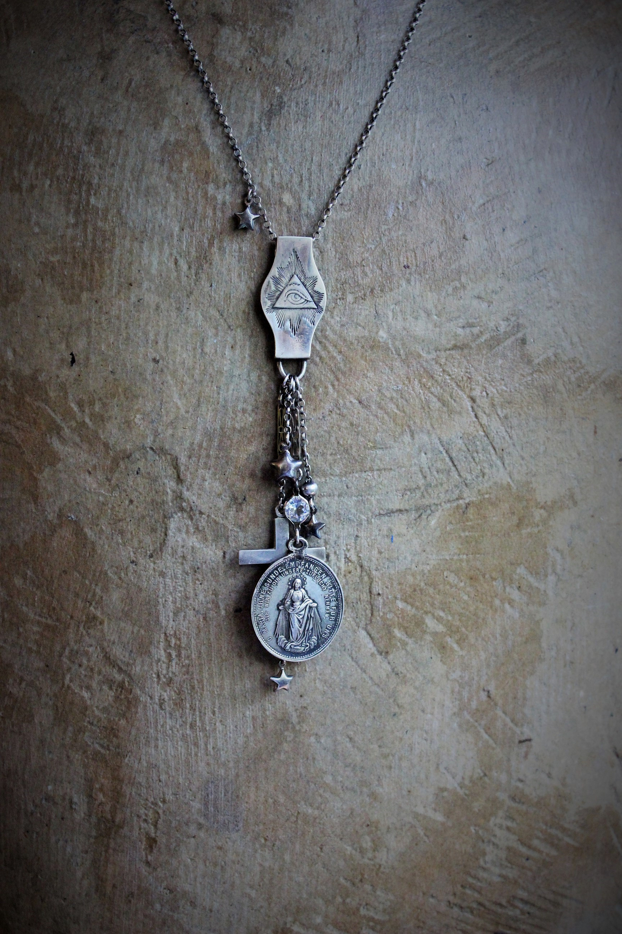 NEW! Amazing Antique Sterling Eye Of God Necklace with Antique Marian Medal,Antique Sterling Puffy Stars,Sterling Rolo Chain & More!