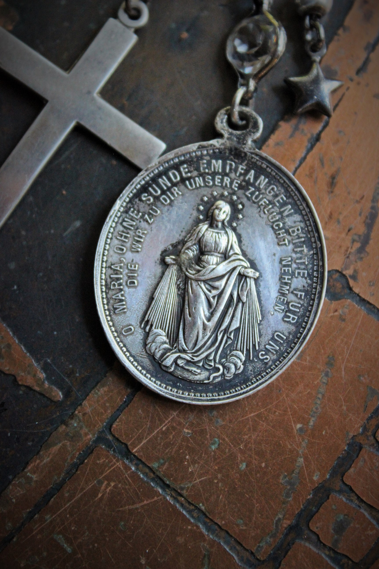 NEW! Amazing Antique Sterling Eye Of God Necklace with Antique Marian Medal,Antique Sterling Puffy Stars,Sterling Rolo Chain & More!