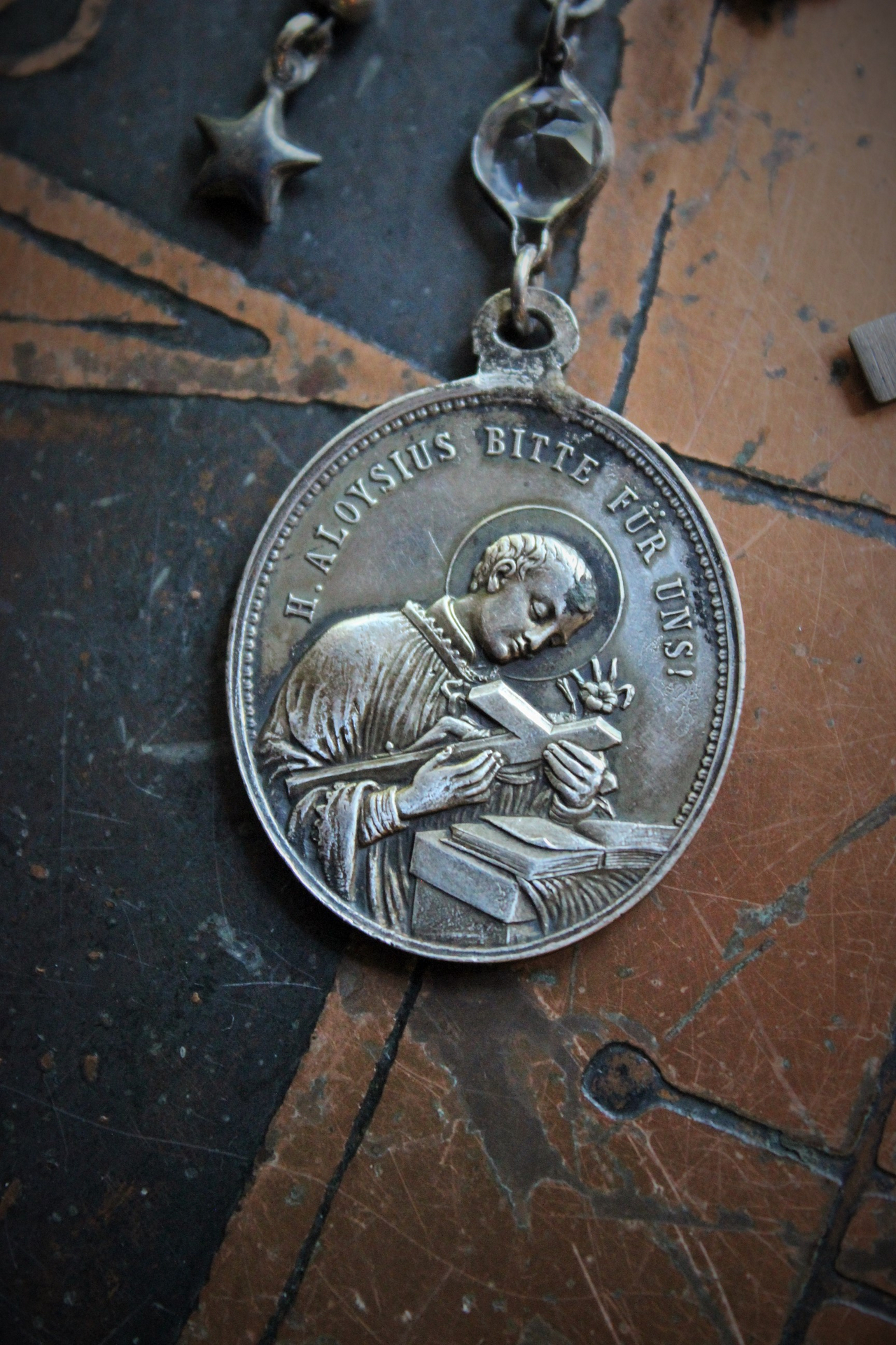 NEW! Amazing Antique Sterling Eye Of God Necklace with Antique Marian Medal,Antique Sterling Puffy Stars,Sterling Rolo Chain & More!
