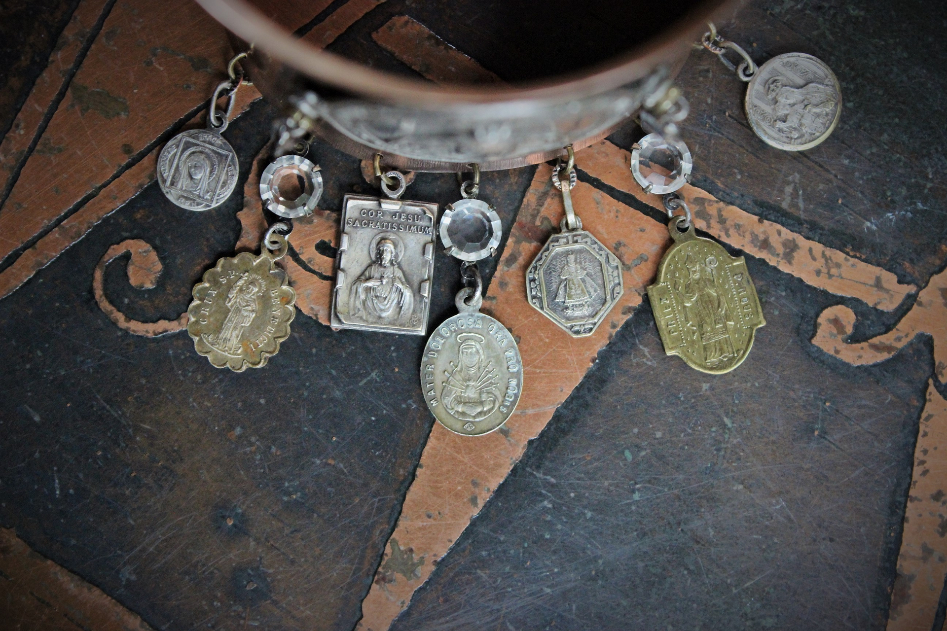 Wide Vintage Italian Bronze Cuff with Signed Marian Medallion,Antique French Medals,Vintage Prong Set Faceted Crystals & Sterling Cross