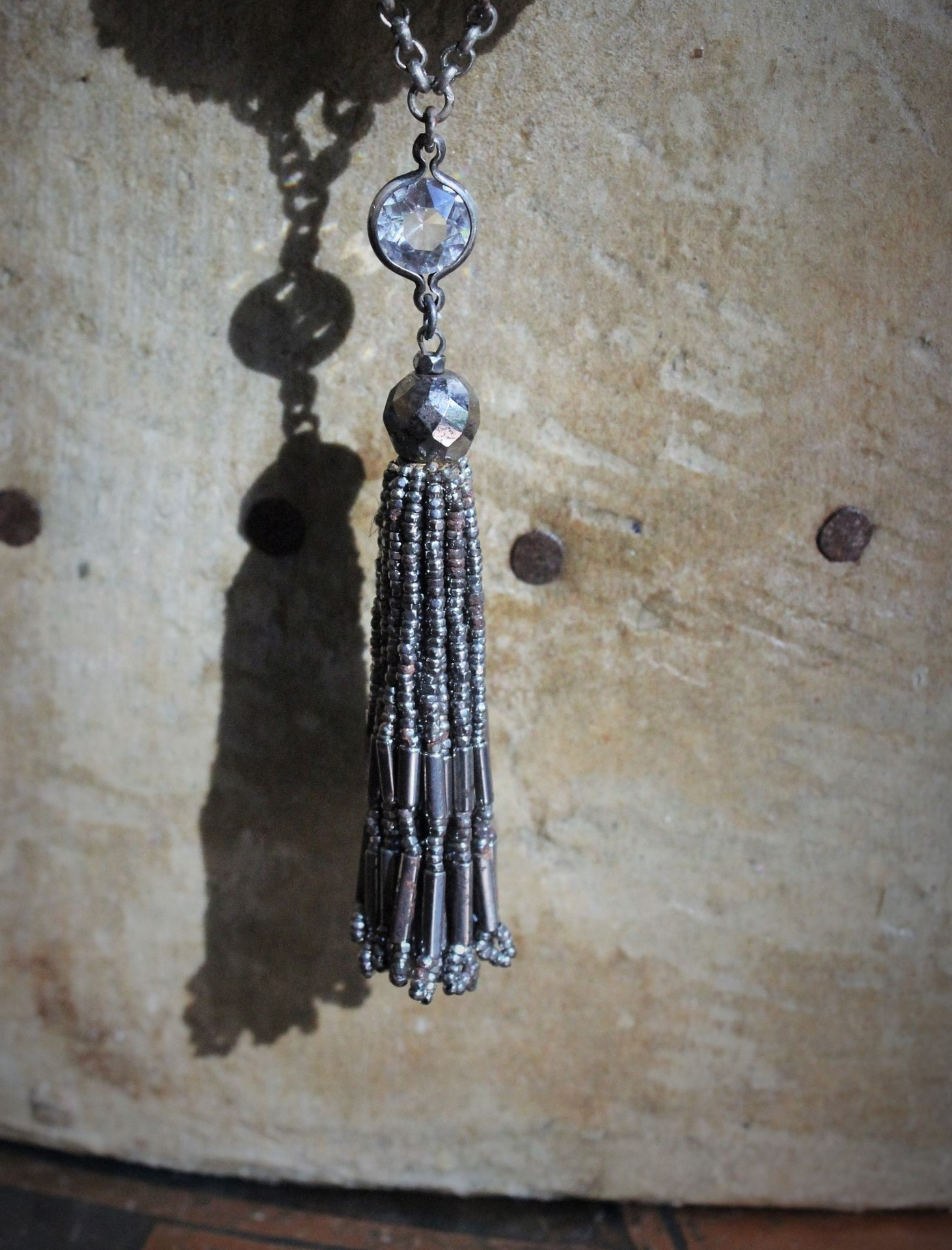 Amazing Antique Cut Steel Necklace with Antique Cut Steel Tassel,Antique Blessing Bag & Sterling Chain