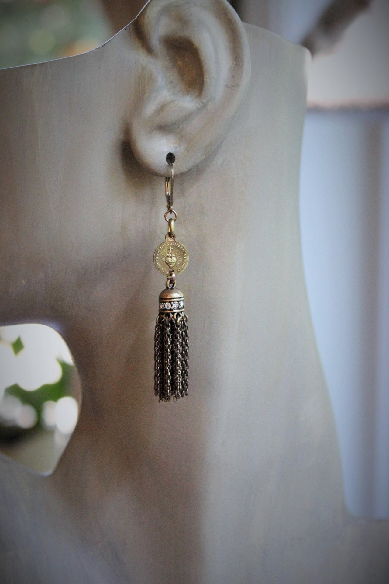 Antique Flaming Sacred Heart Earrings with Unique Rhinestone Chain Tassels & Gold Fill Earring Wires