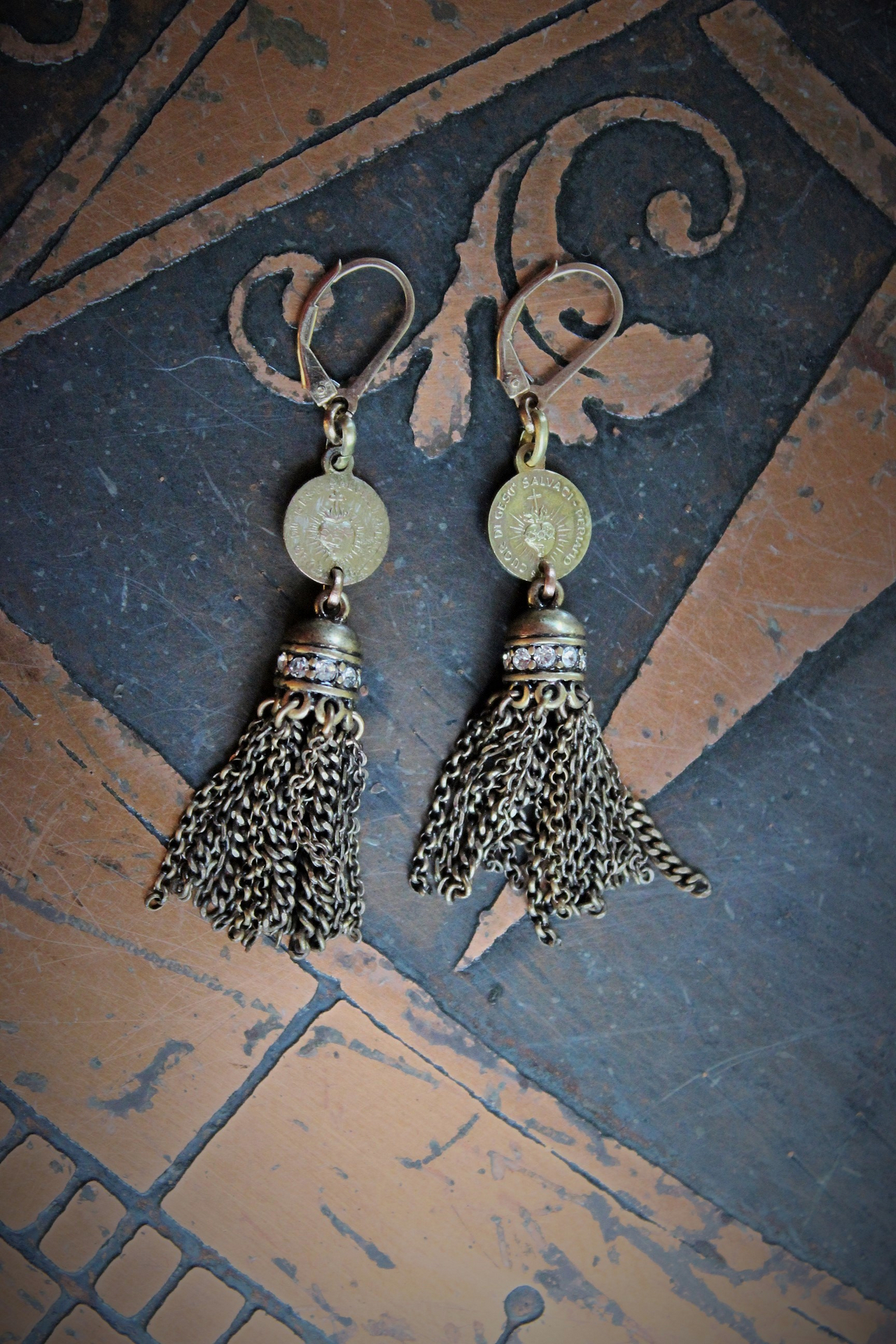Antique Flaming Sacred Heart Earrings with Unique Rhinestone Chain Tassels & Gold Fill Earring Wires