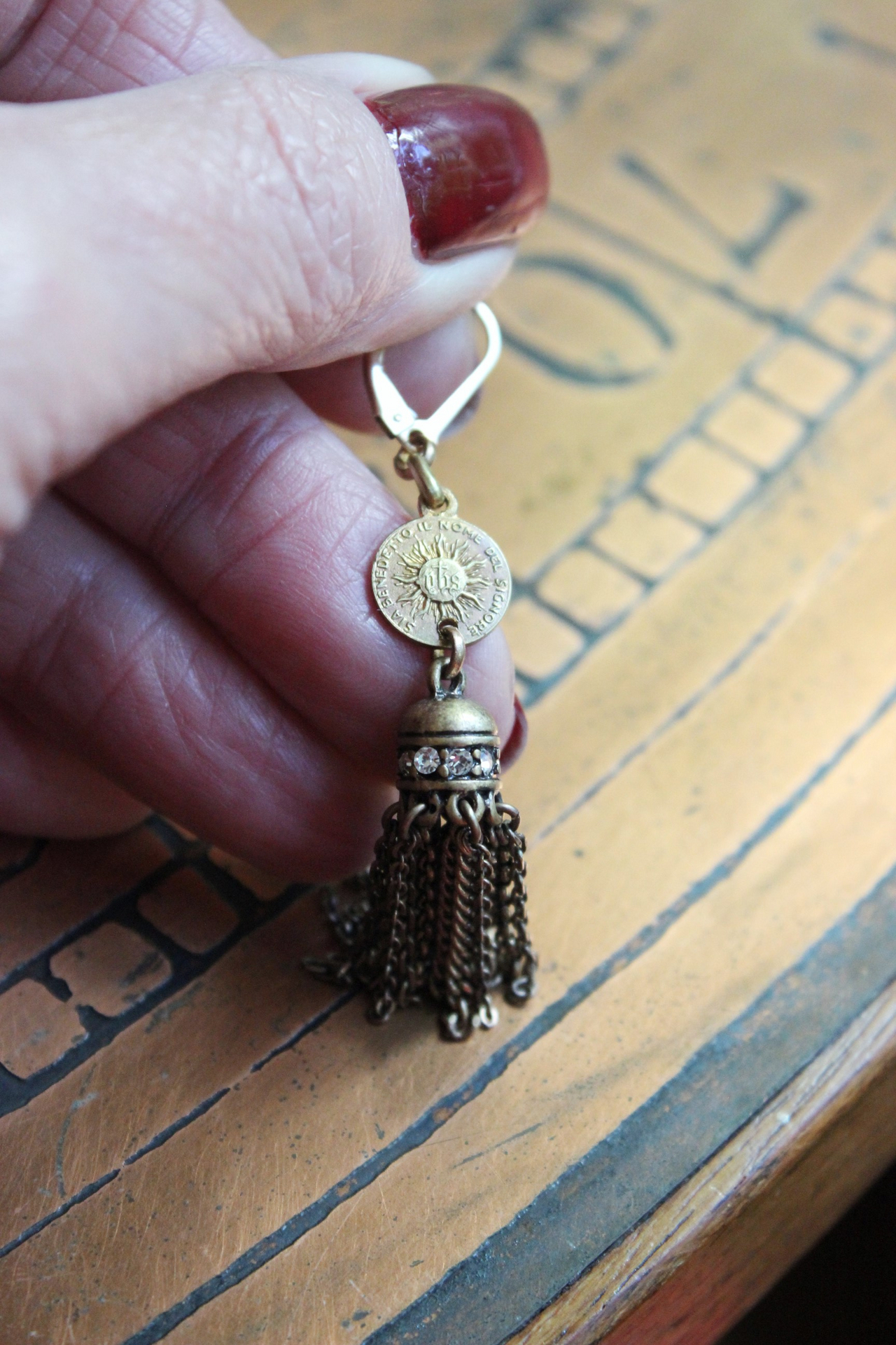 Antique Flaming Sacred Heart Earrings with Unique Rhinestone Chain Tassels & Gold Fill Earring Wires