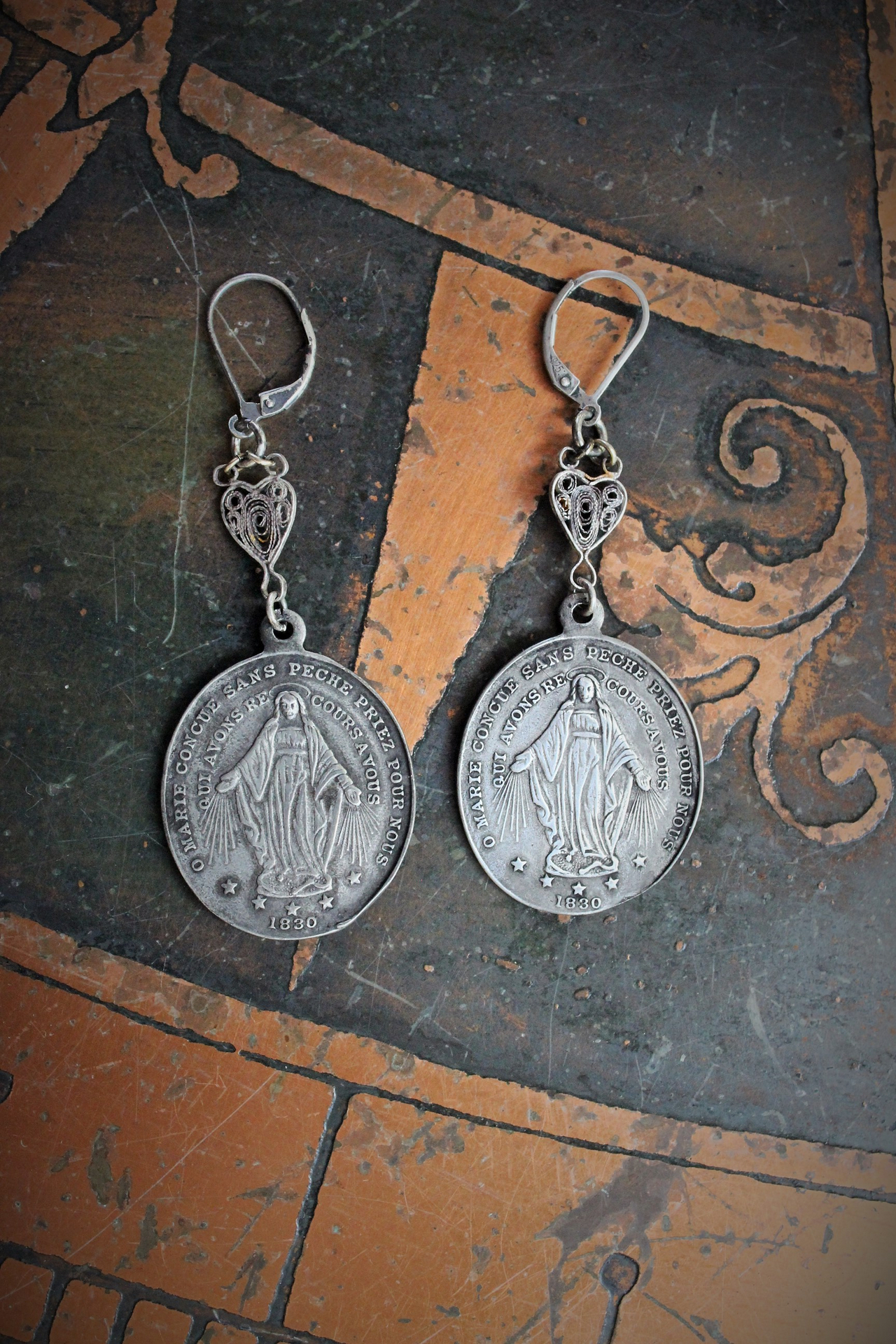 Marian Earrings with Antique Sterling Filigree Heart Rosary Connectors,French Marian Medals,Sterling Leverback Earring Wires