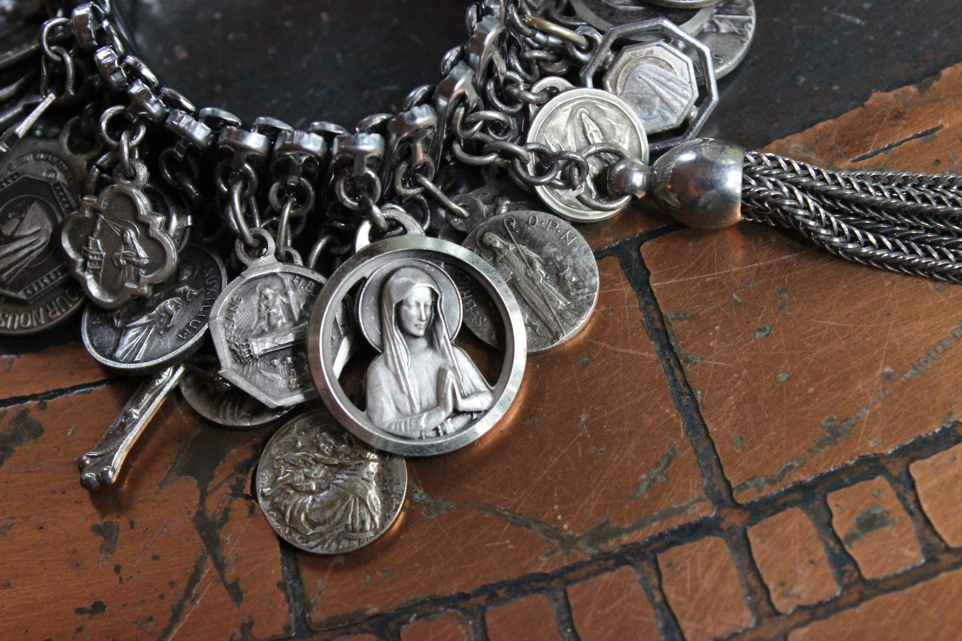 OOAK Antique French Medals Expanding Fully Loaded Charm Bracelet with over 72 Antique Medals, Crosses, Crystals, & Drops!!