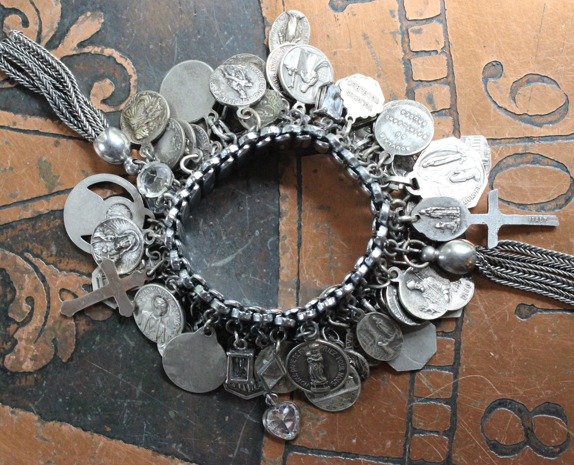 OOAK Antique French Medals Expanding Fully Loaded Charm Bracelet with over 72 Antique Medals, Crosses, Crystals, & Drops!!