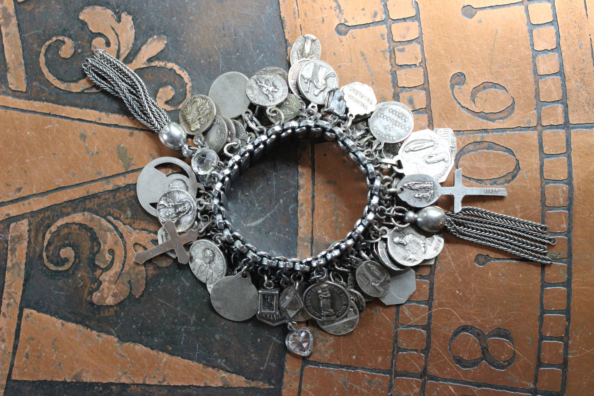 OOAK Antique French Medals Expanding Fully Loaded Charm Bracelet with over 72 Antique Medals, Crosses, Crystals, & Drops!!