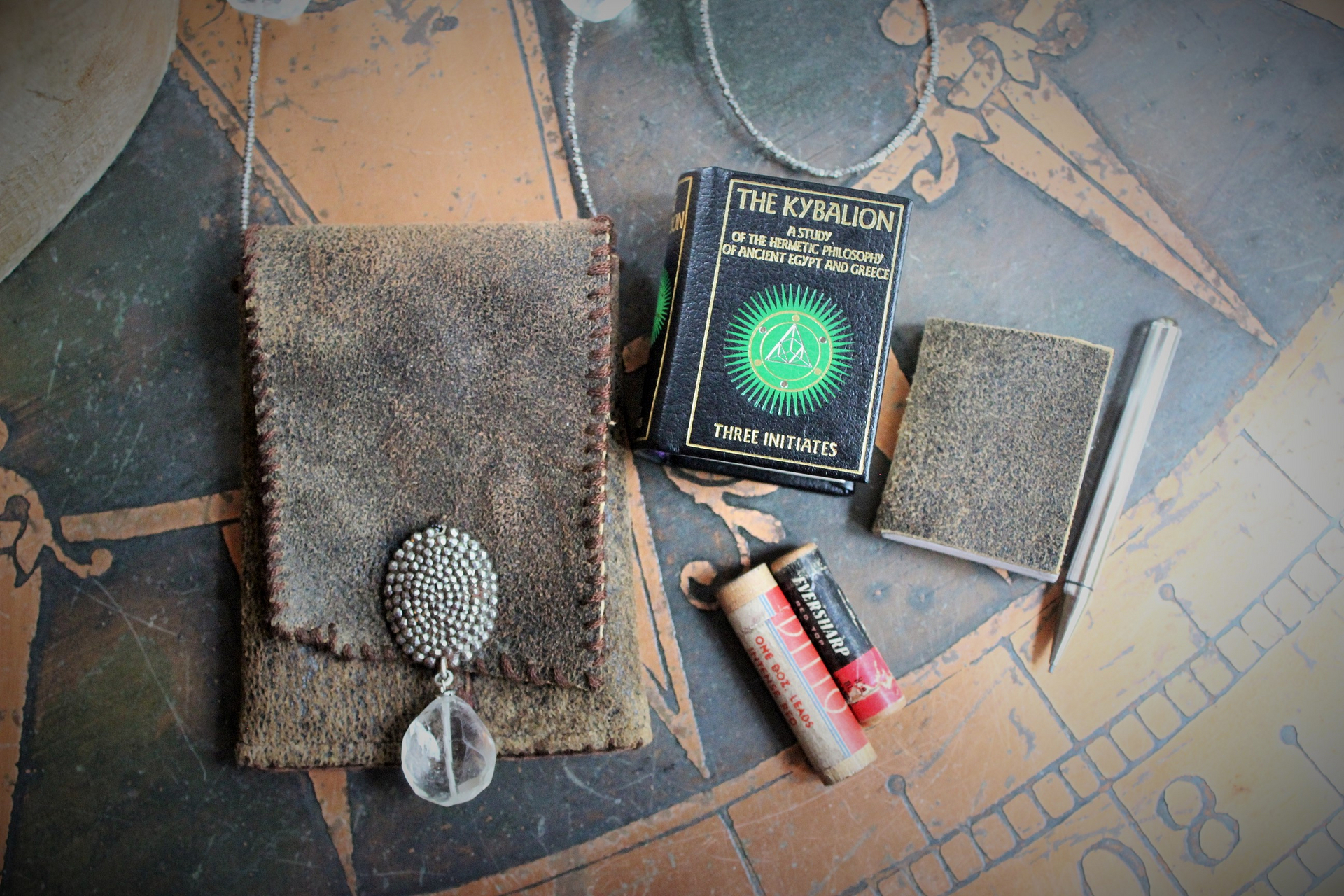 The Kybalion Necklace Set w/Antique Hand Stitched Distressed Leather Pouch,Antique Cut Steel Beads & Checkerboard Faceted Rock Quartz, Miniature Full Text of The Kybalion & More!