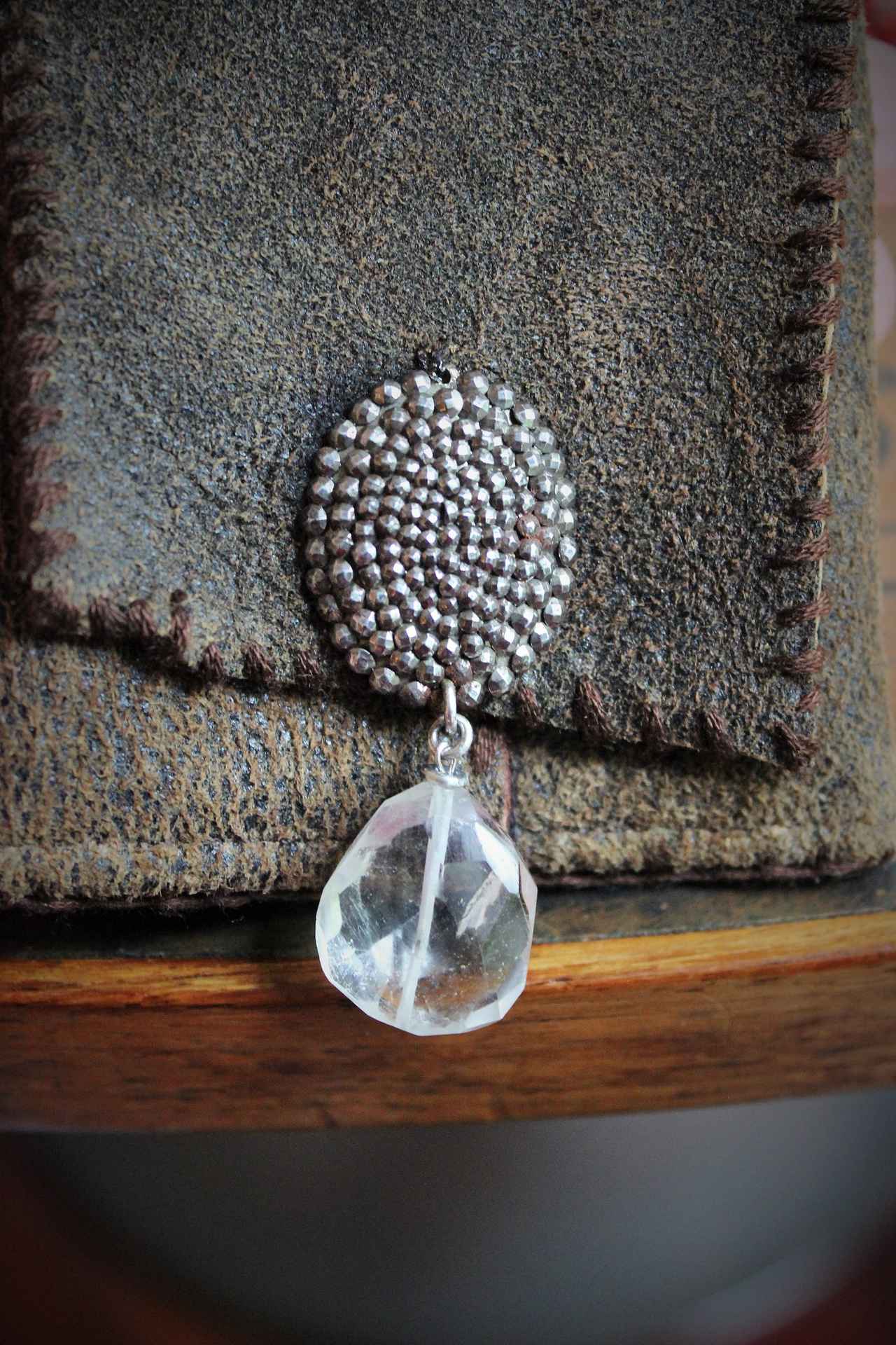 The Kybalion Necklace Set w/Antique Hand Stitched Distressed Leather Pouch,Antique Cut Steel Beads & Checkerboard Faceted Rock Quartz, Miniature Full Text of The Kybalion & More!