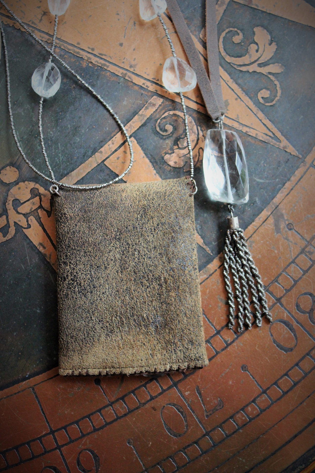 The Kybalion Necklace Set w/Antique Hand Stitched Distressed Leather Pouch,Antique Cut Steel Beads & Checkerboard Faceted Rock Quartz, Miniature Full Text of The Kybalion & More!