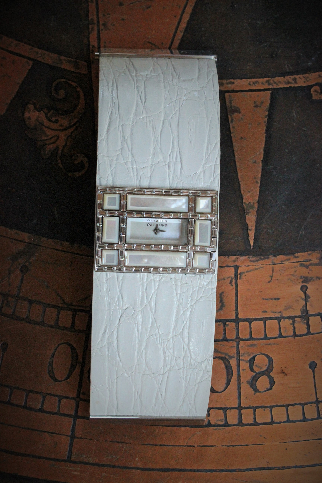 Unique & Long Retired Valentino Wide White Alligator Leather, Mother of Pearl & Crystal Watch Cuff Bracelet