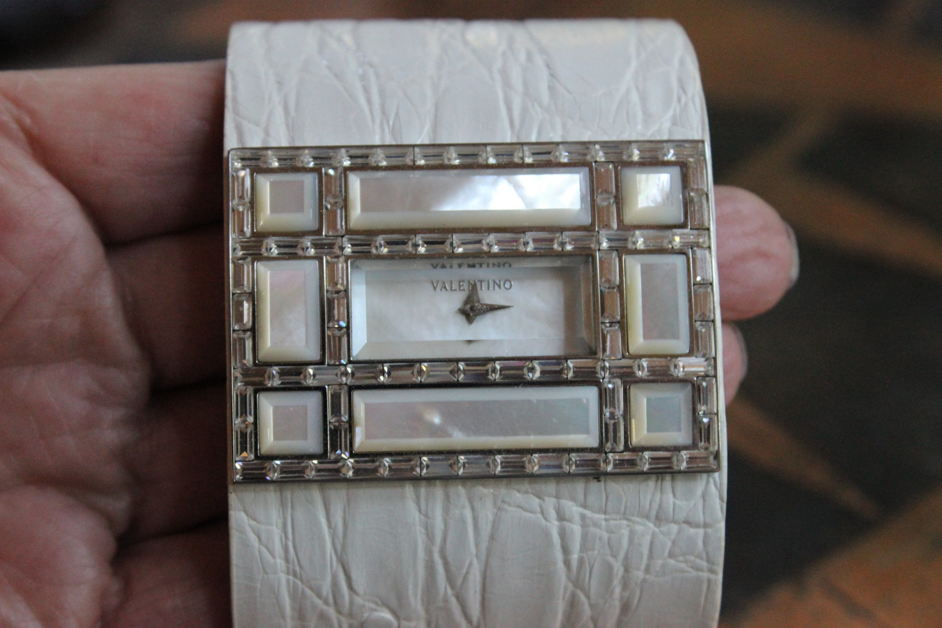 Unique & Long Retired Valentino Wide White Alligator Leather, Mother of Pearl & Crystal Watch Cuff Bracelet