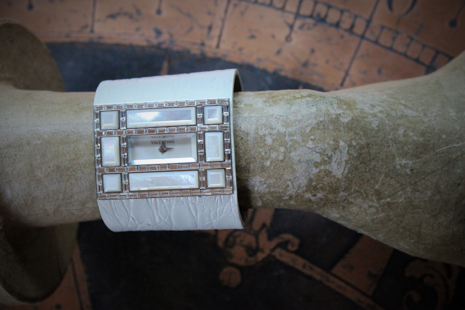 Unique & Long Retired Valentino Wide White Alligator Leather, Mother of Pearl & Crystal Watch Cuff Bracelet