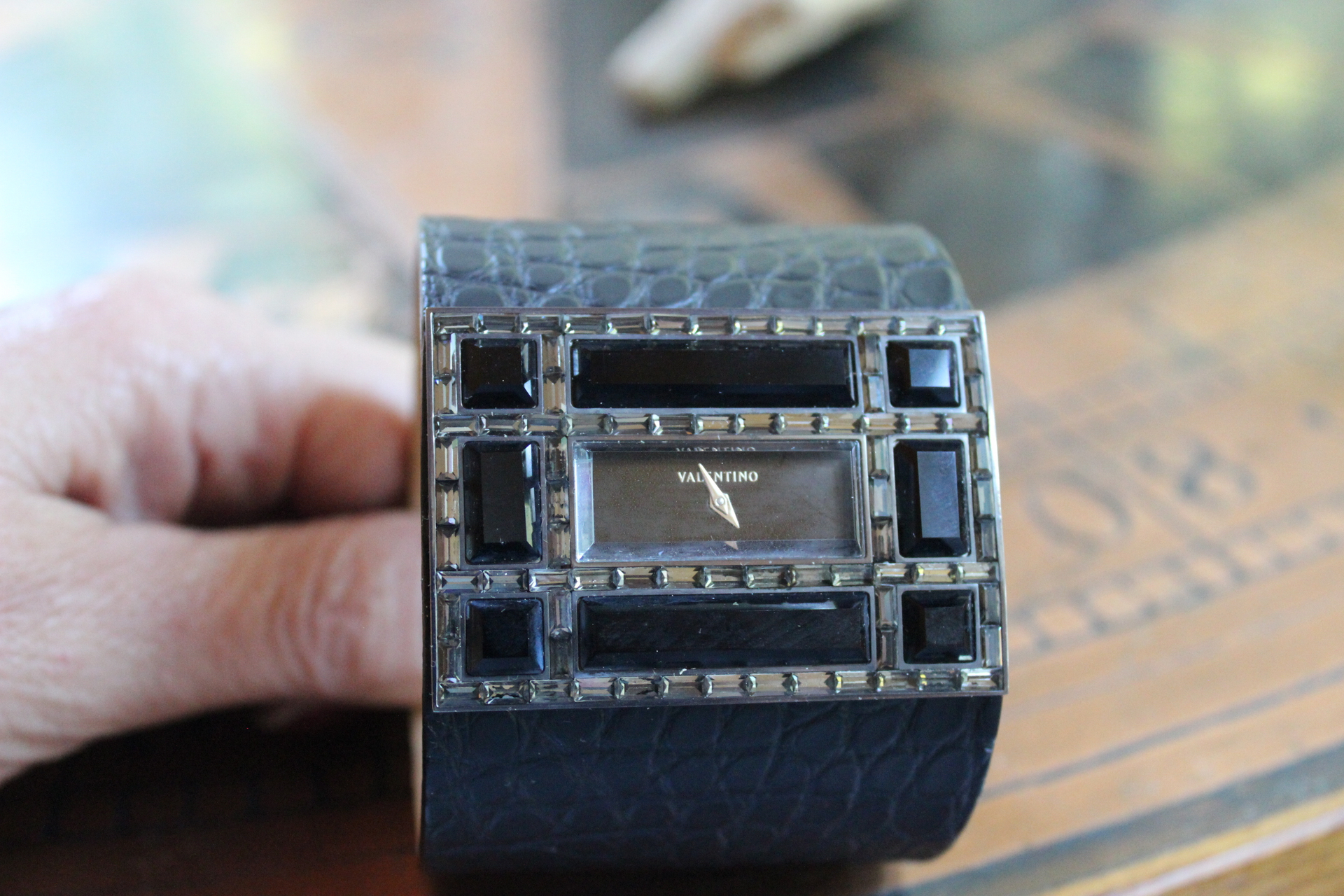 Unique & Long Retired Valentino Wide Black Alligator Leather & Crystal Watch Cuff Bracelet