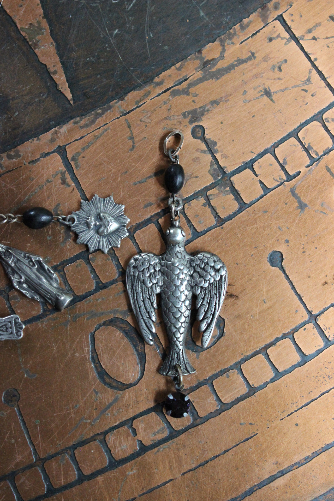 Vintage Sacred Heart & French Medals Cuff Bracelet & Holy Spirit Dove Pendant Set 