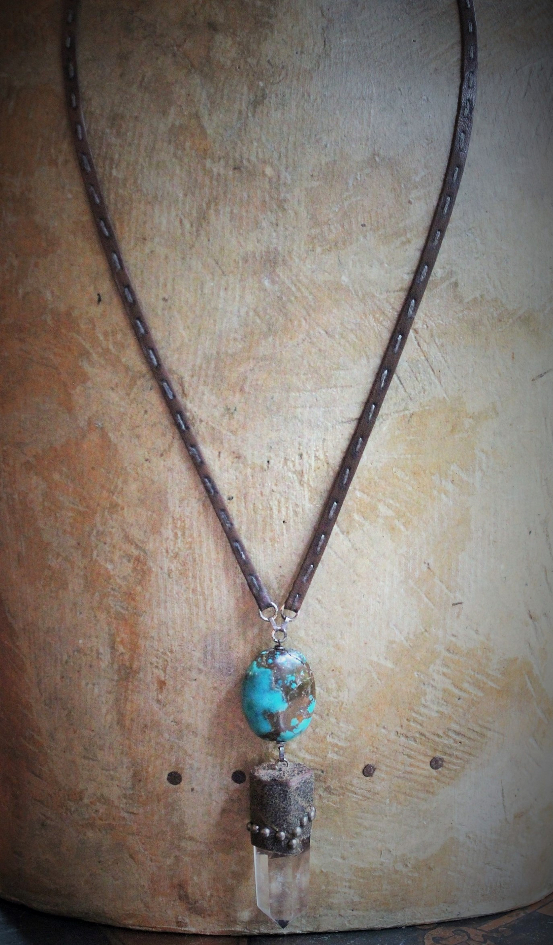 Be Soulful Necklace with Polished Rock Quartz Point, Polished Turquoise Nugget, Hand Stitched Leather Ties, Sterling Toggle Clasp