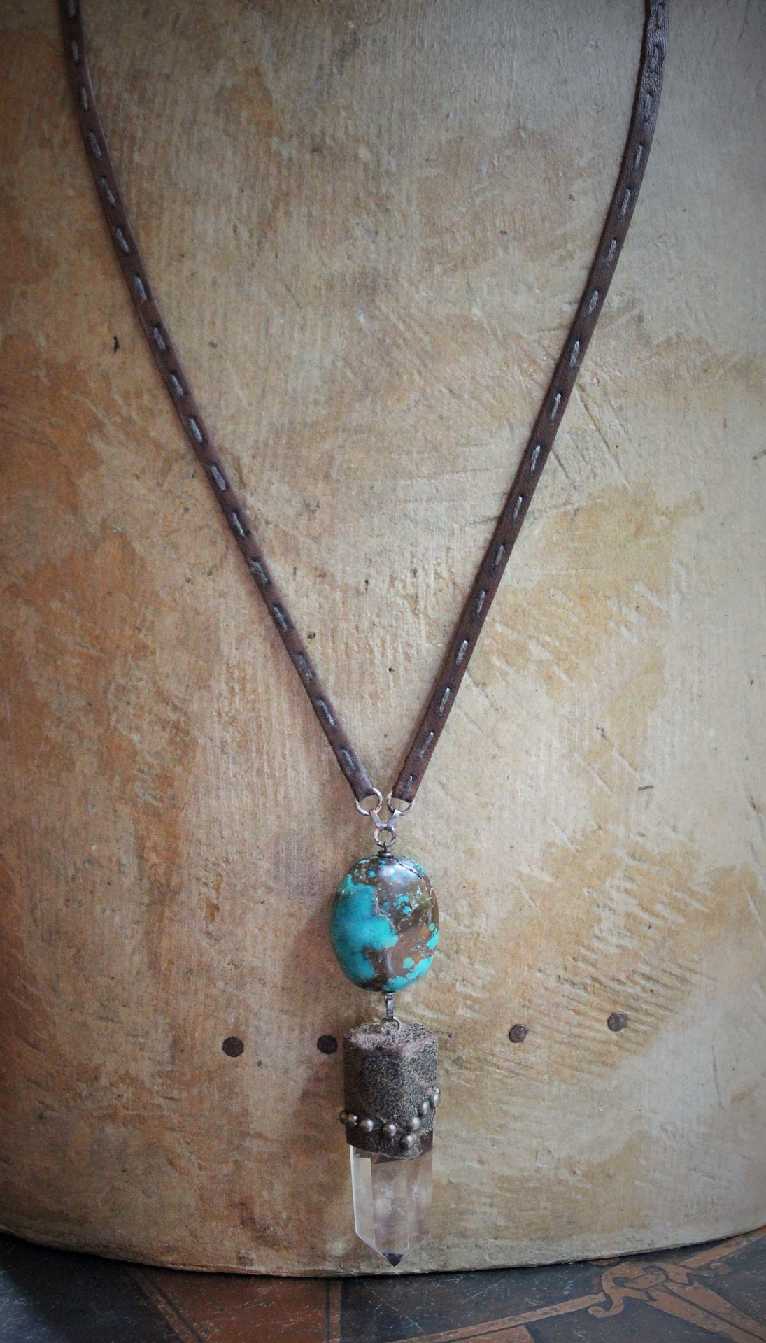 Be Soulful Necklace with Polished Rock Quartz Point, Polished Turquoise Nugget, Hand Stitched Leather Ties, Sterling Toggle Clasp