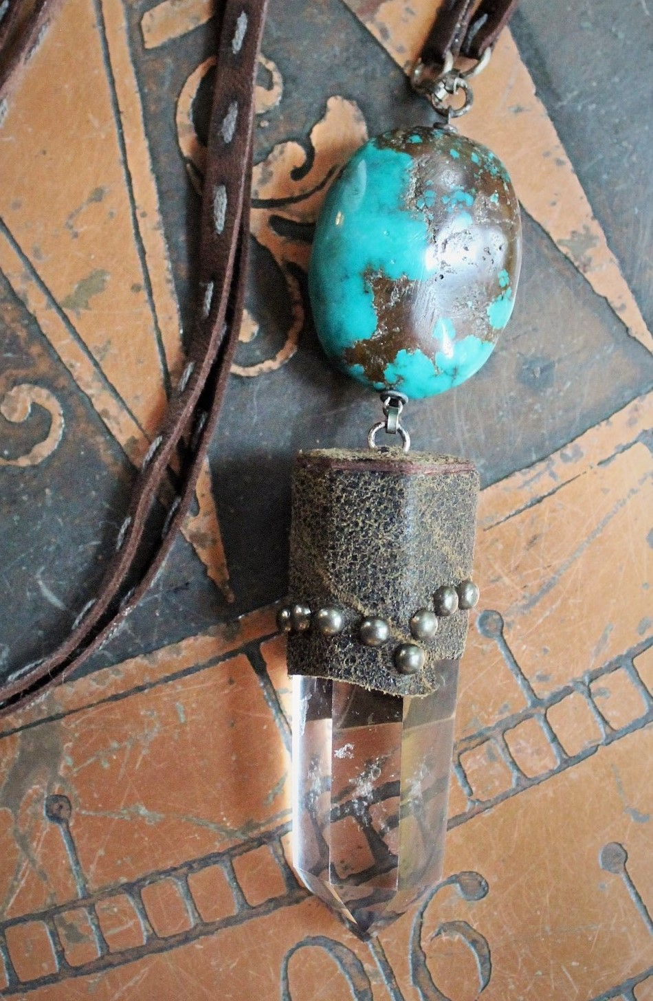 Be Soulful Necklace with Polished Rock Quartz Point, Polished Turquoise Nugget, Hand Stitched Leather Ties, Sterling Toggle Clasp