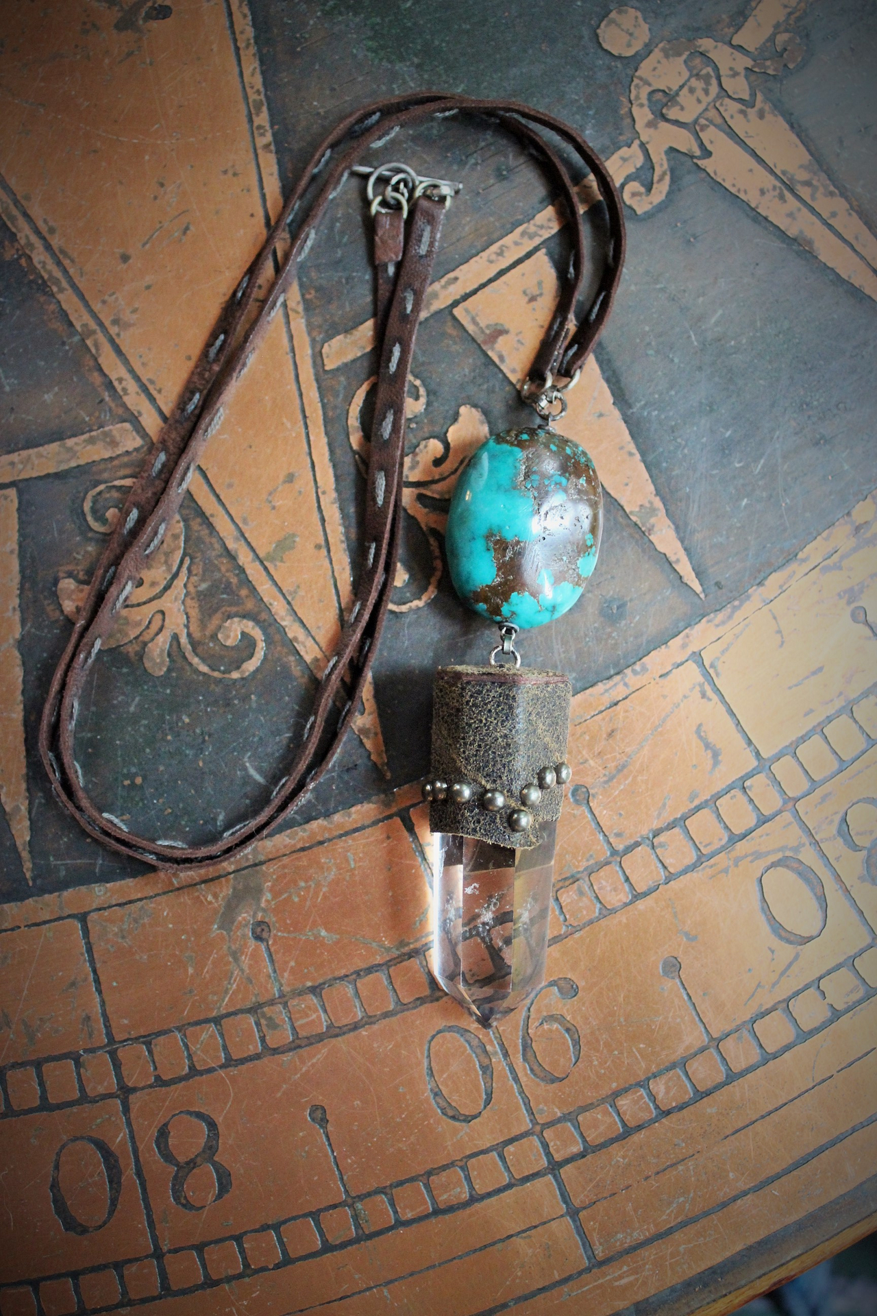 Be Soulful Necklace with Polished Rock Quartz Point, Polished Turquoise Nugget, Hand Stitched Leather Ties, Sterling Toggle Clasp