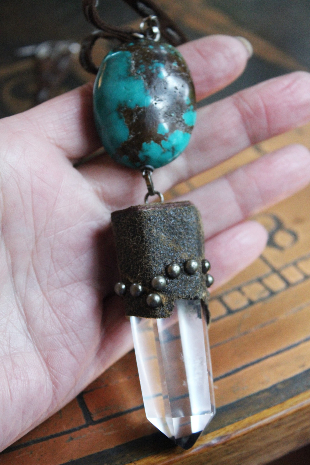 Be Soulful Necklace with Polished Rock Quartz Point, Polished Turquoise Nugget, Hand Stitched Leather Ties, Sterling Toggle Clasp