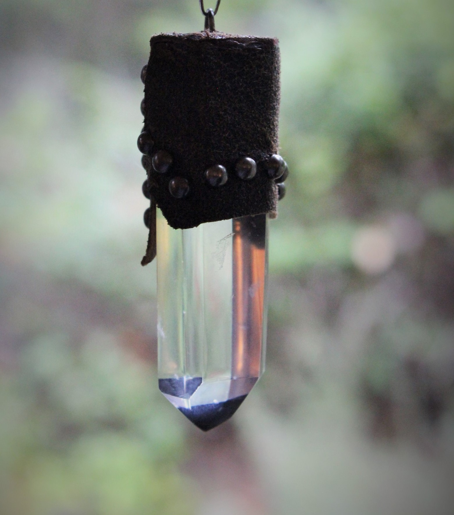 Be Soulful Necklace with Polished Rock Quartz Point, Polished Turquoise Nugget, Hand Stitched Leather Ties, Sterling Toggle Clasp