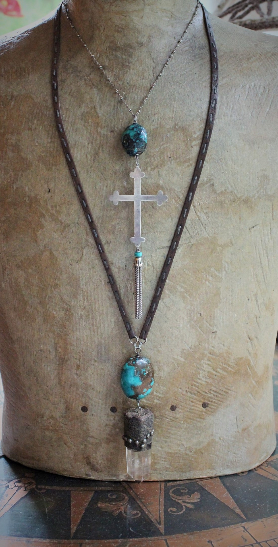 Vintage Sterling Cross & Polished Turquoise Stone Necklace - perfect layering piece!