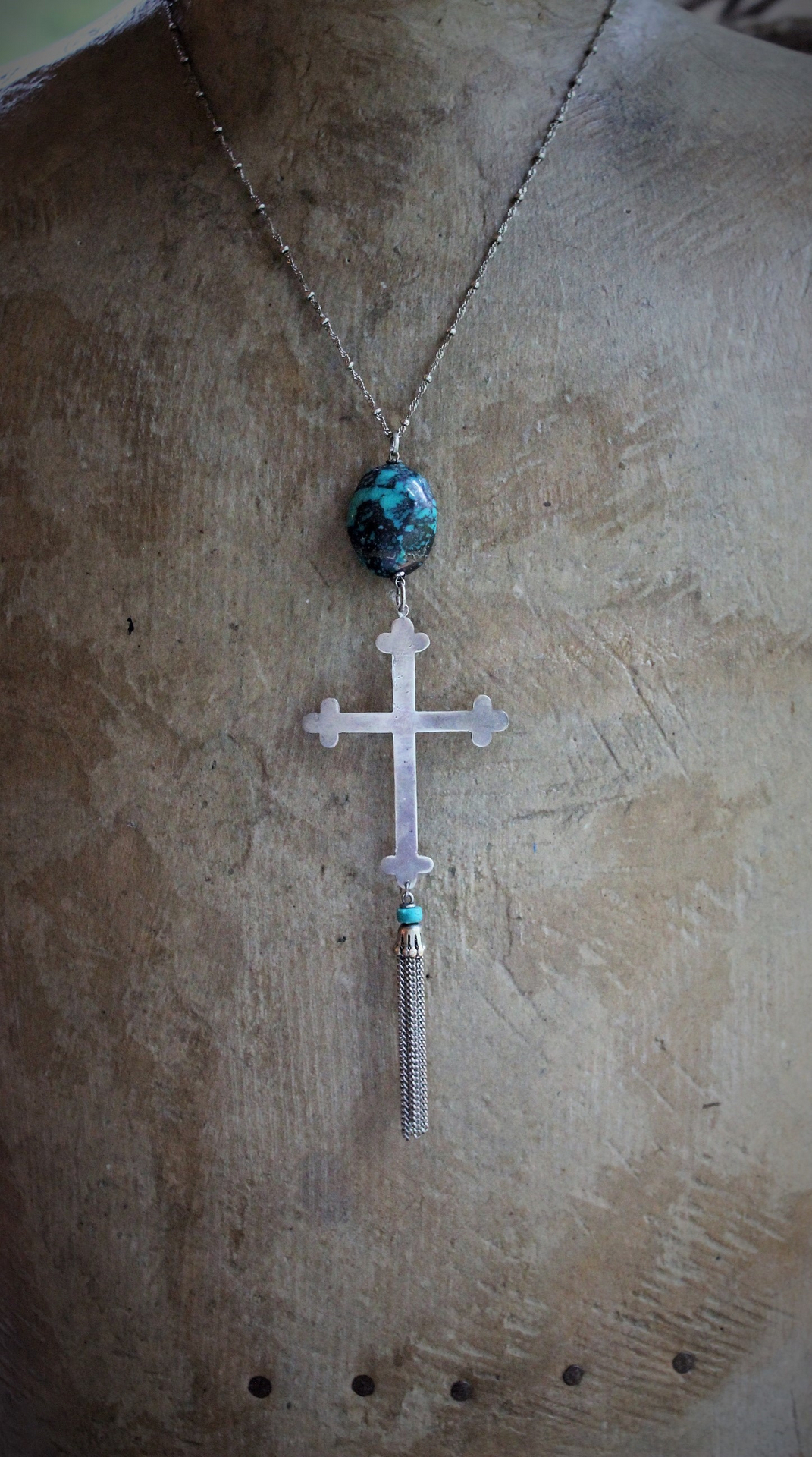 Vintage Sterling Cross & Polished Turquoise Stone Necklace - perfect layering piece!