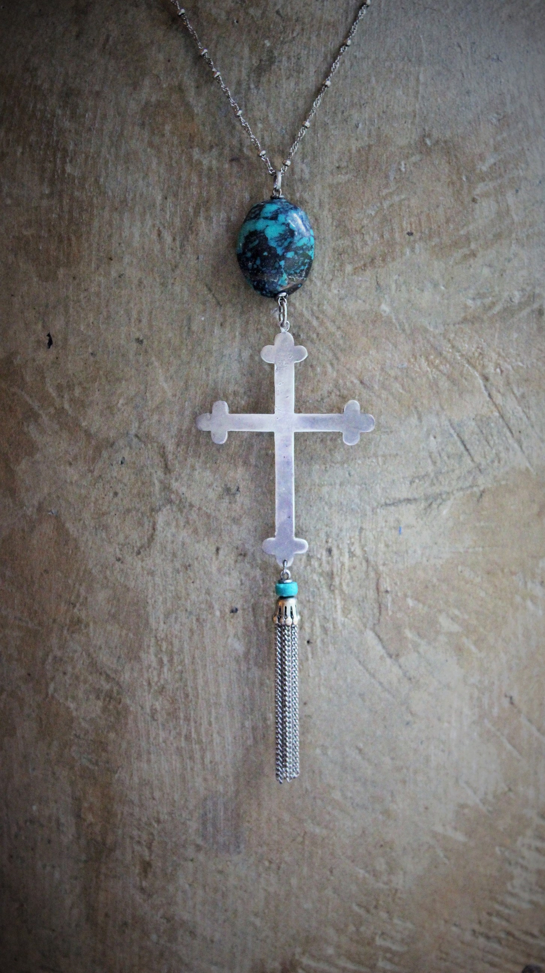 Vintage Sterling Cross & Polished Turquoise Stone Necklace - perfect layering piece!