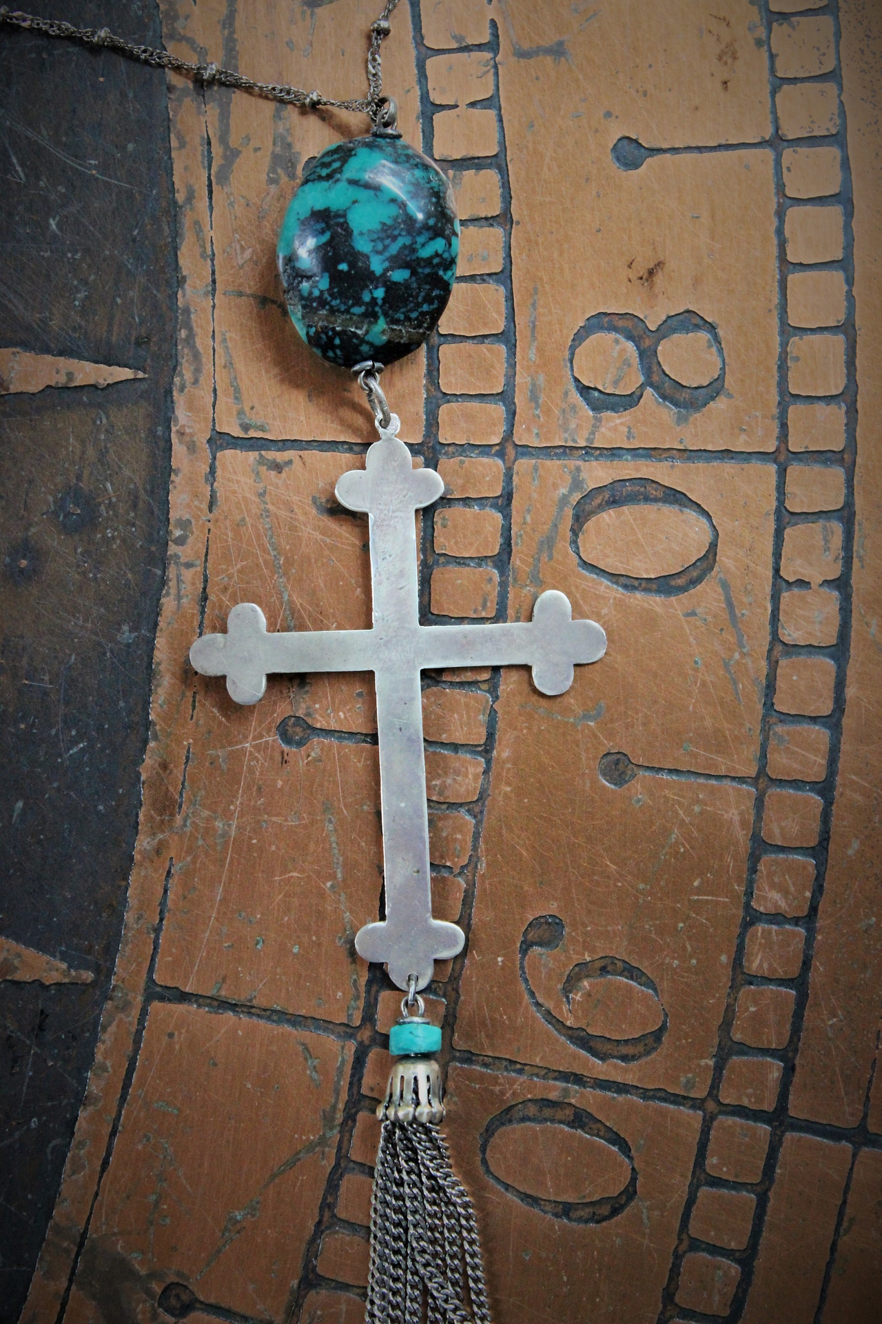 Vintage Sterling Cross & Polished Turquoise Stone Necklace - perfect layering piece!