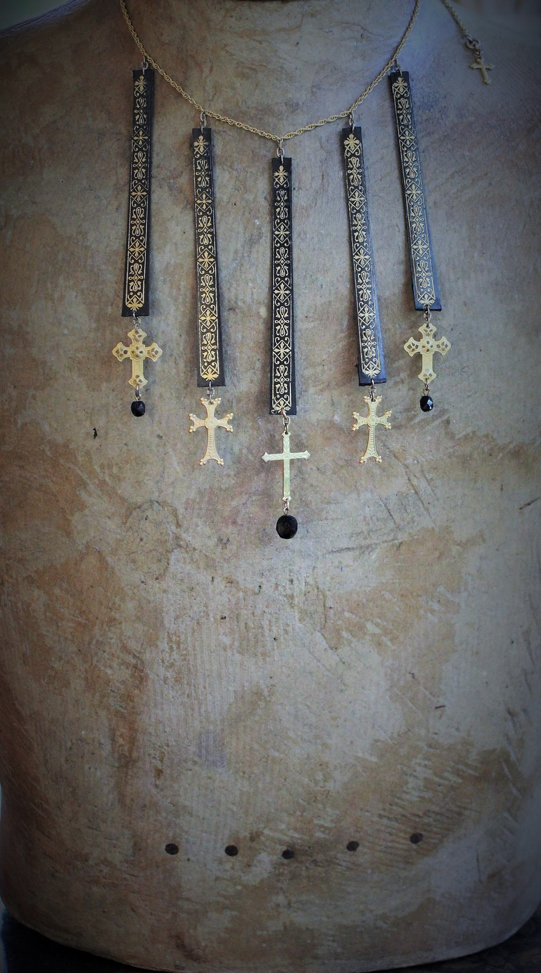 Antique French Gold Painted Wood Findings Necklace & Earring Set with 8 Crosses and Faceted Jet Beads