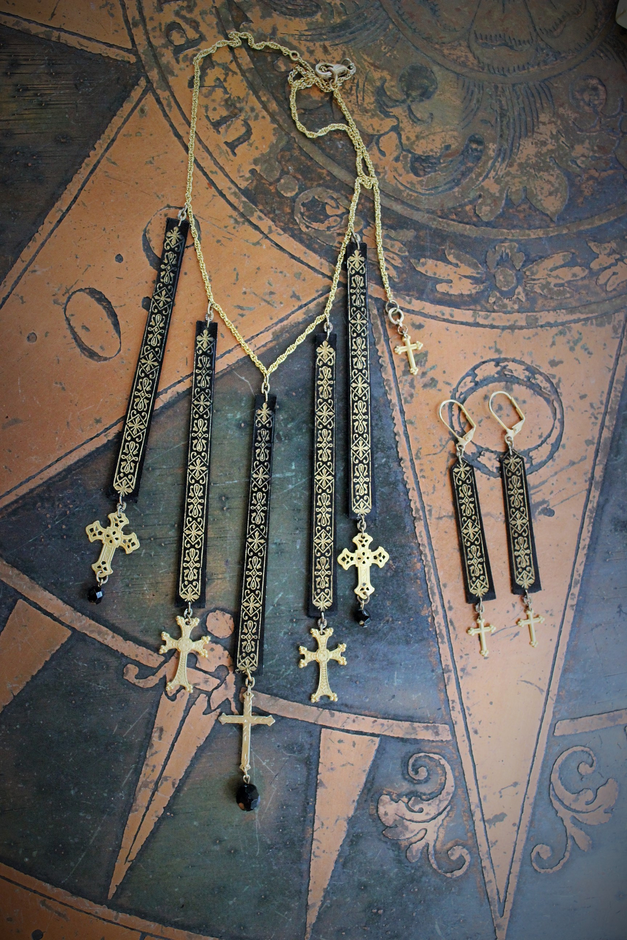 Antique French Gold Painted Wood Findings Necklace & Earring Set with 8 Crosses and Faceted Jet Beads