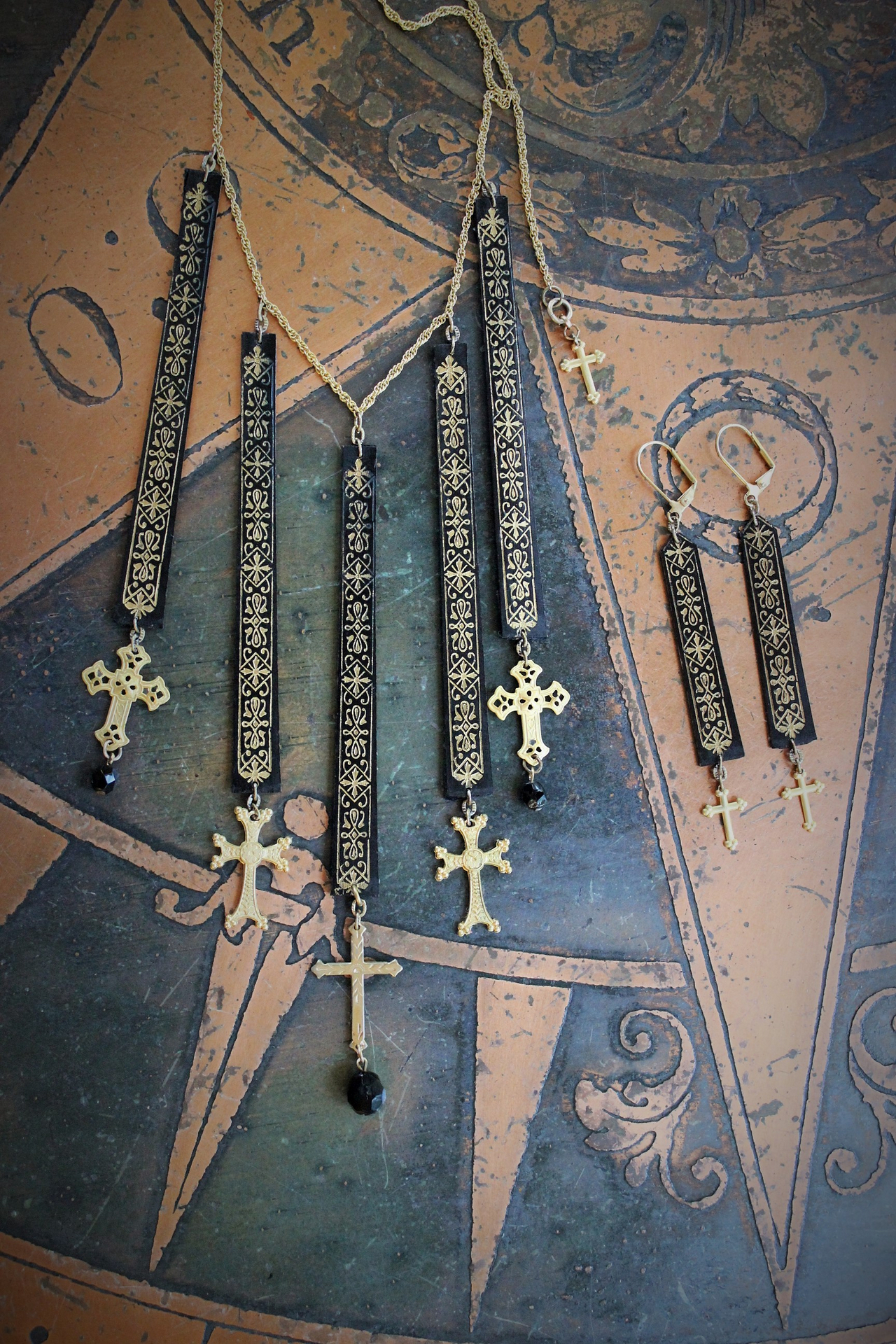 Antique French Gold Painted Wood Findings Necklace & Earring Set with 8 Crosses and Faceted Jet Beads