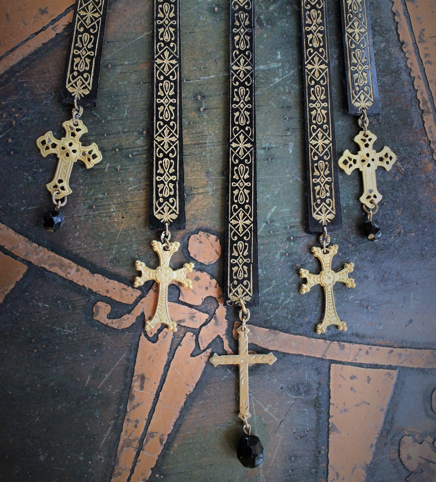 Antique French Gold Painted Wood Findings Necklace & Earring Set with 8 Crosses and Faceted Jet Beads