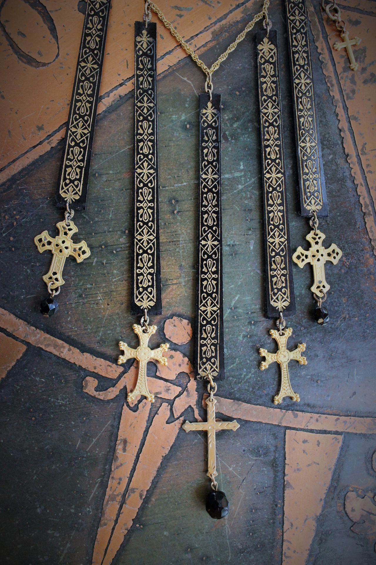 Antique French Gold Painted Wood Findings Necklace & Earring Set with 8 Crosses and Faceted Jet Beads