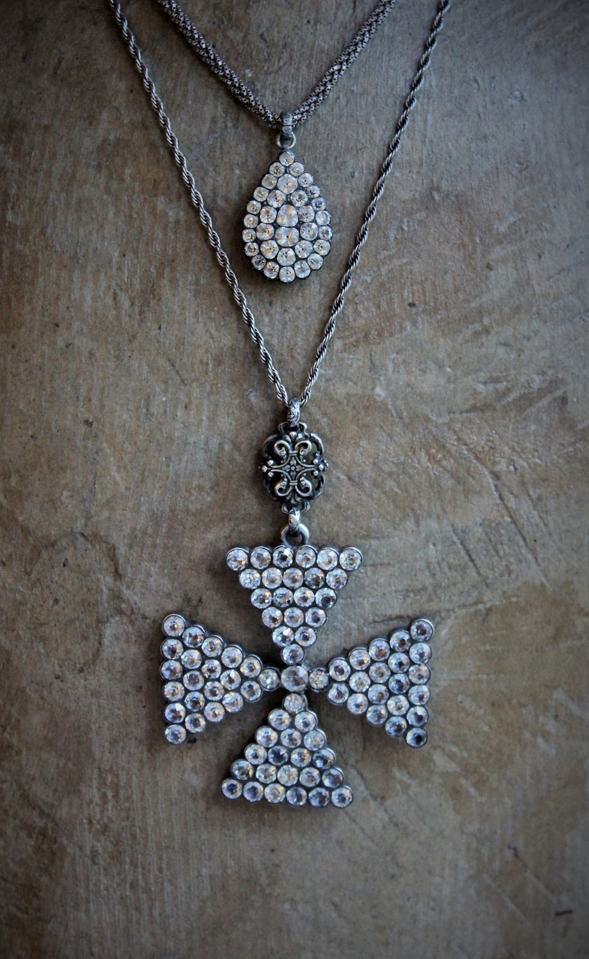 AMAZING Antique Georgian Paste Cross & Tear Drop Necklace Set with Sterling Chains