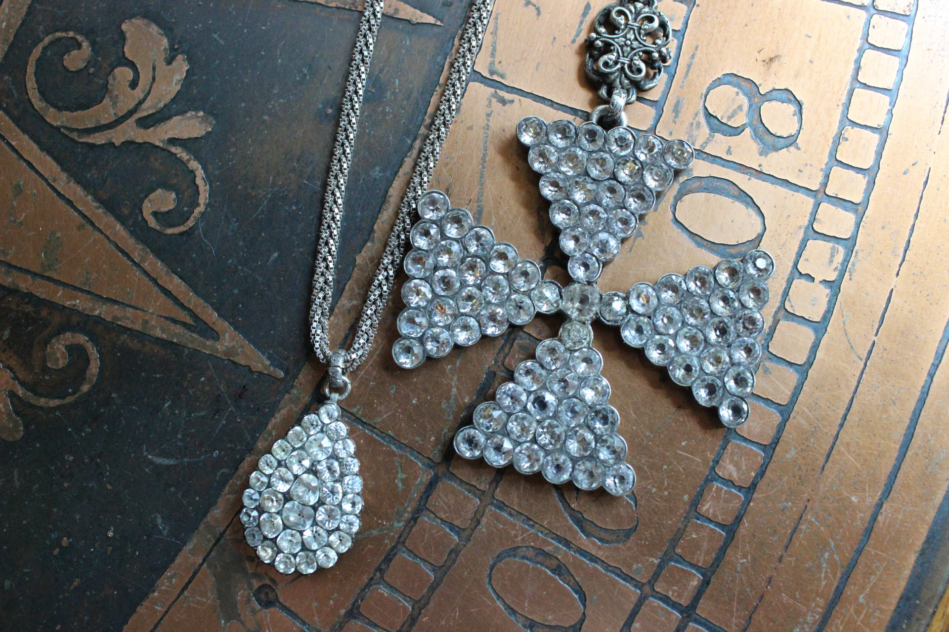 AMAZING Antique Georgian Paste Cross & Tear Drop Necklace Set with Sterling Chains