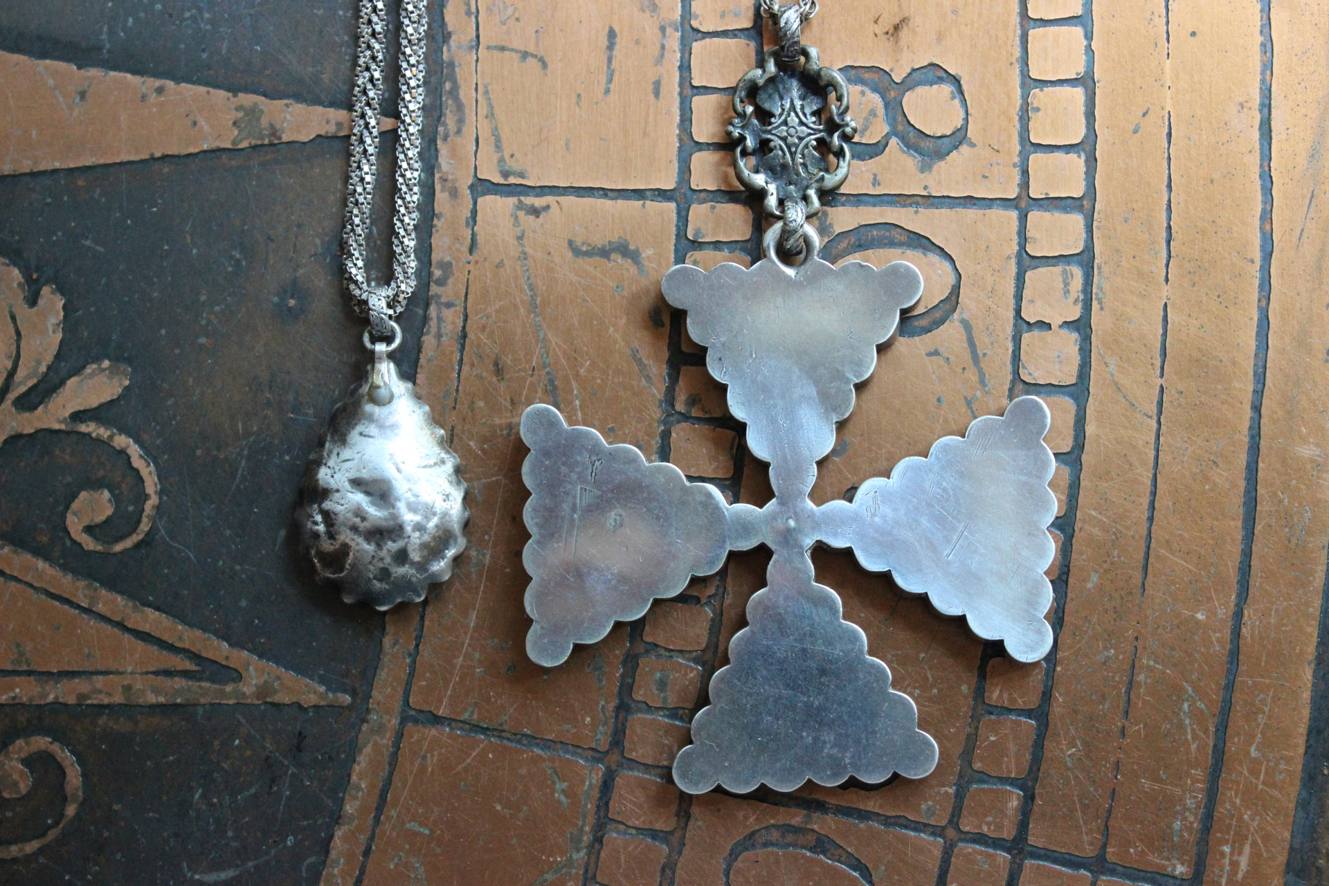 AMAZING Antique Georgian Paste Cross & Tear Drop Necklace Set with Sterling Chains