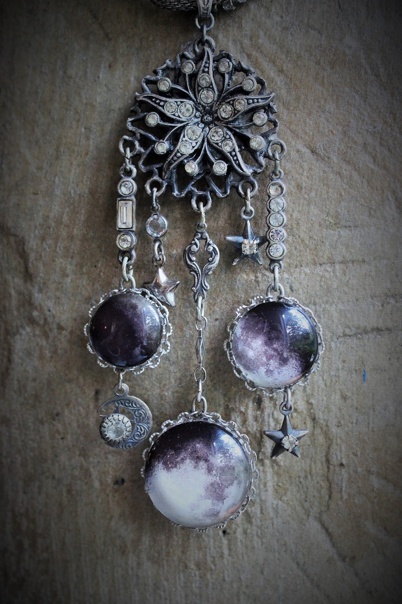 The Moon & Fire Within Necklace with Antique Mesh Chain,Moon Phase Orbs,Tiny Antique Moon & Stars