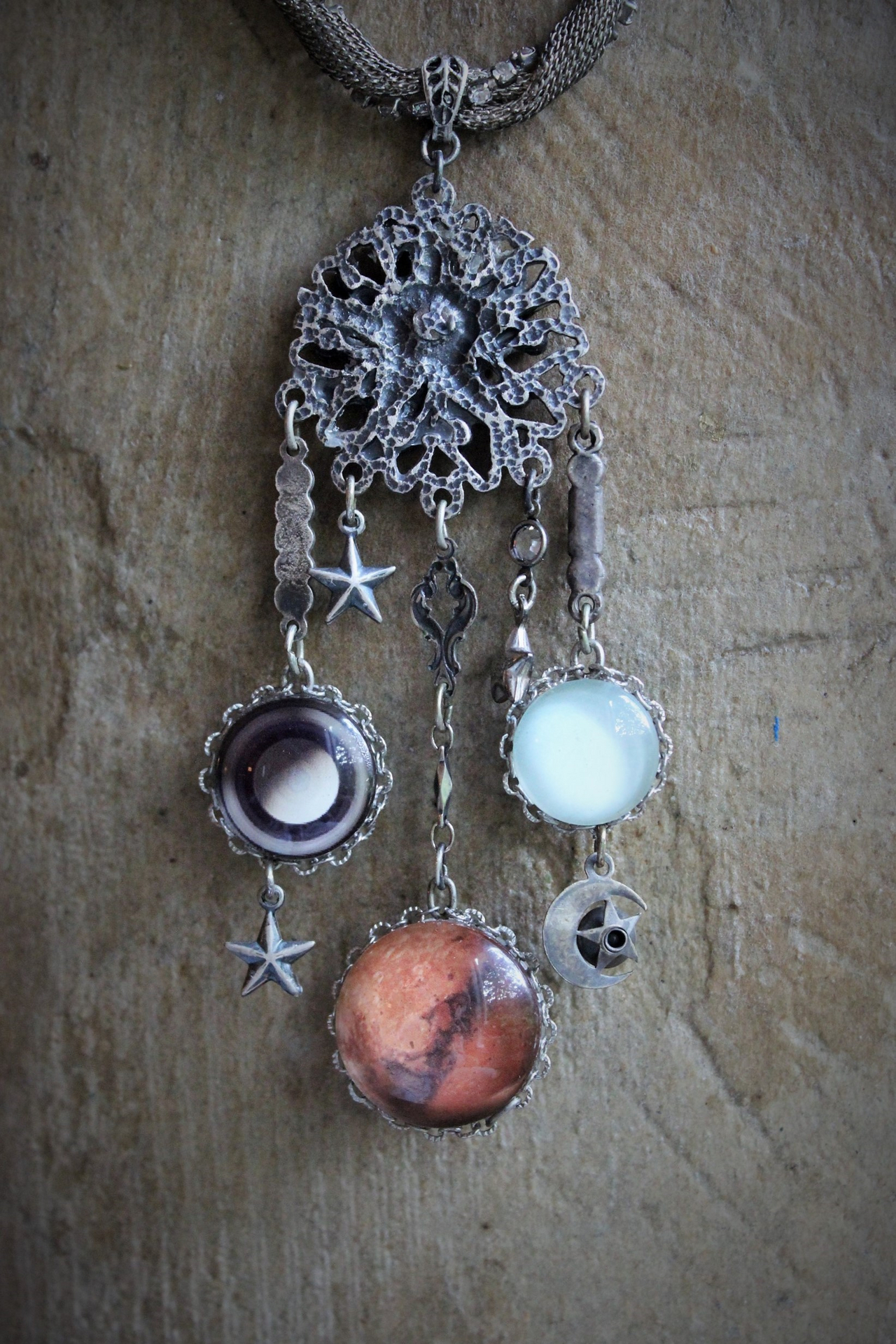 The Moon & Fire Within Necklace with Antique Mesh Chain,Moon Phase Orbs,Tiny Antique Moon & Stars