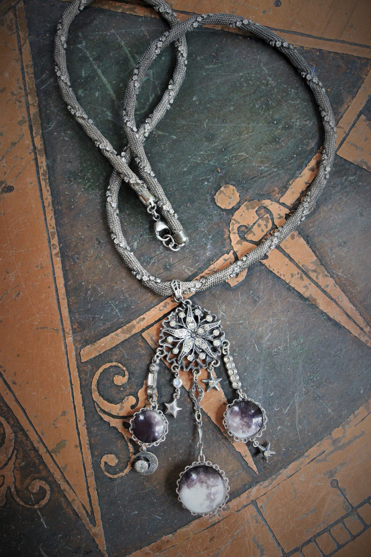 The Moon & Fire Within Necklace with Antique Mesh Chain,Moon Phase Orbs,Tiny Antique Moon & Stars