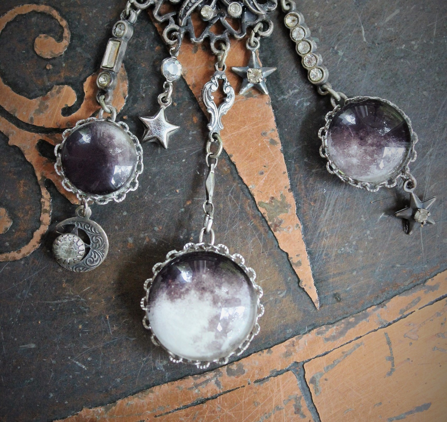 The Moon & Fire Within Necklace with Antique Mesh Chain,Moon Phase Orbs,Tiny Antique Moon & Stars