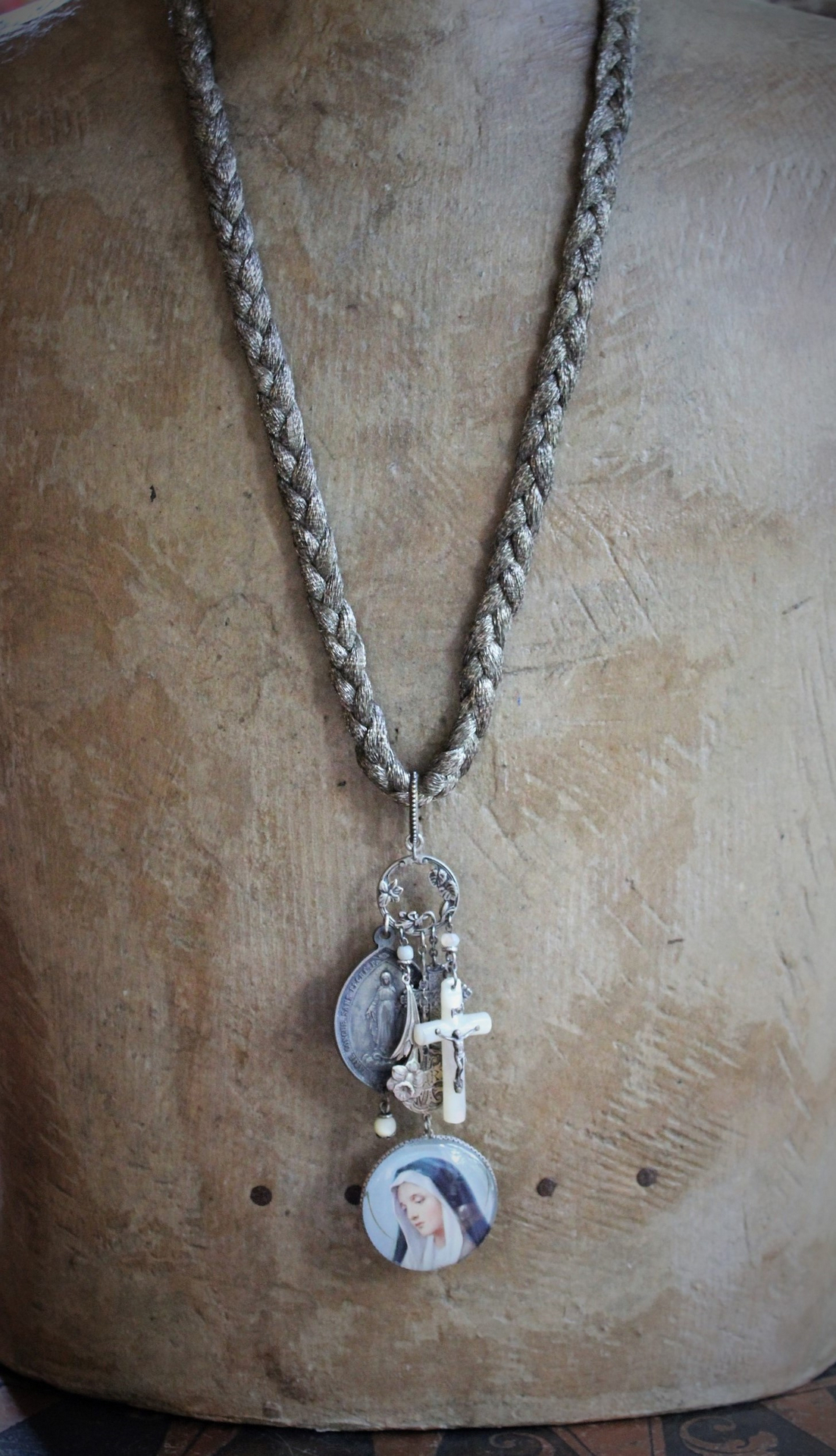 Hope and Love Necklace with Antique French Braided Chain,Glass Holy Card Marian Pendant,Antique Engraved "Mary" Love Token,Engraved "Fill my Heart with your Love" Cross & More!