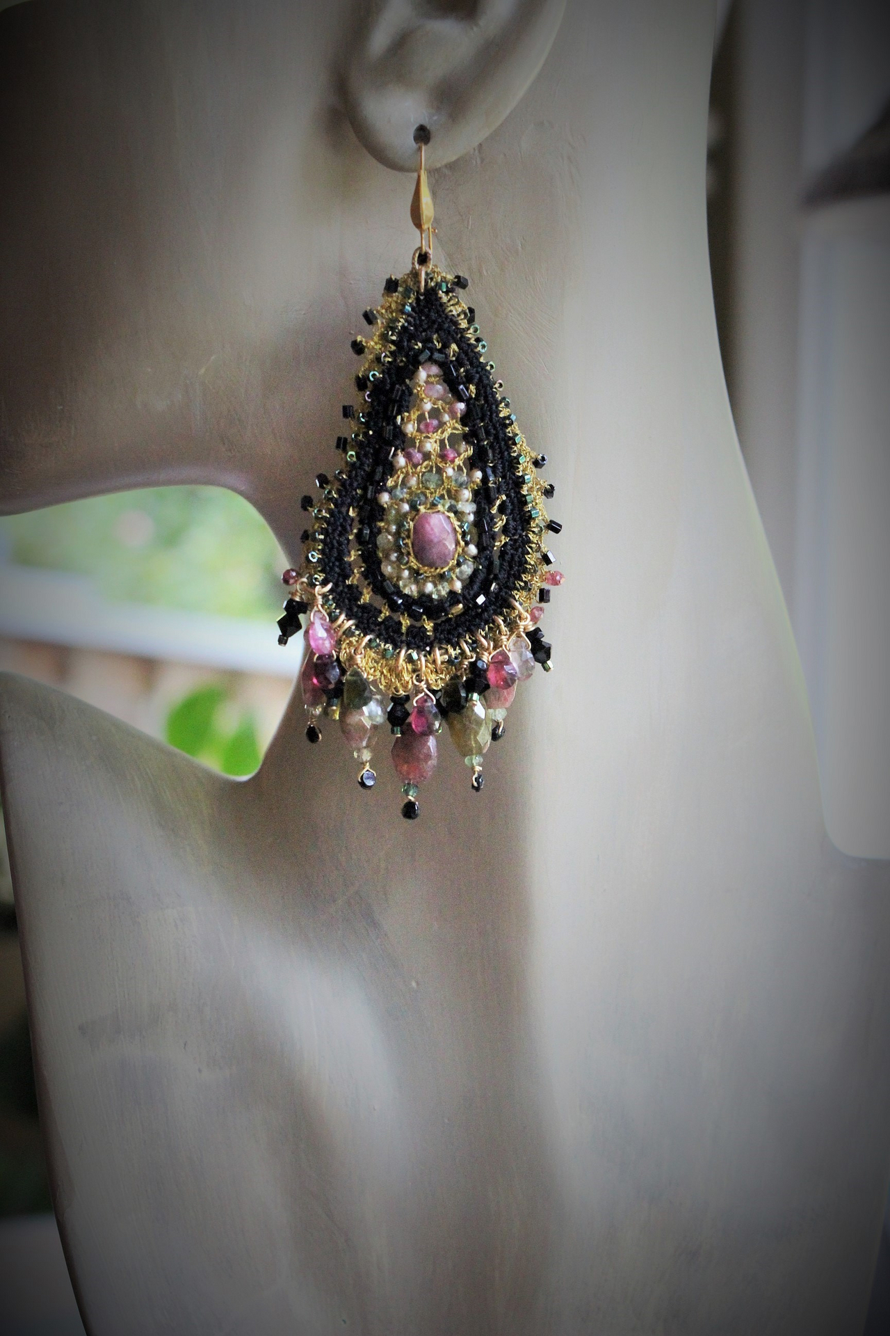 NEW! OOAK Beaded and Crocheted Tourmaline Paisley Earrings!!