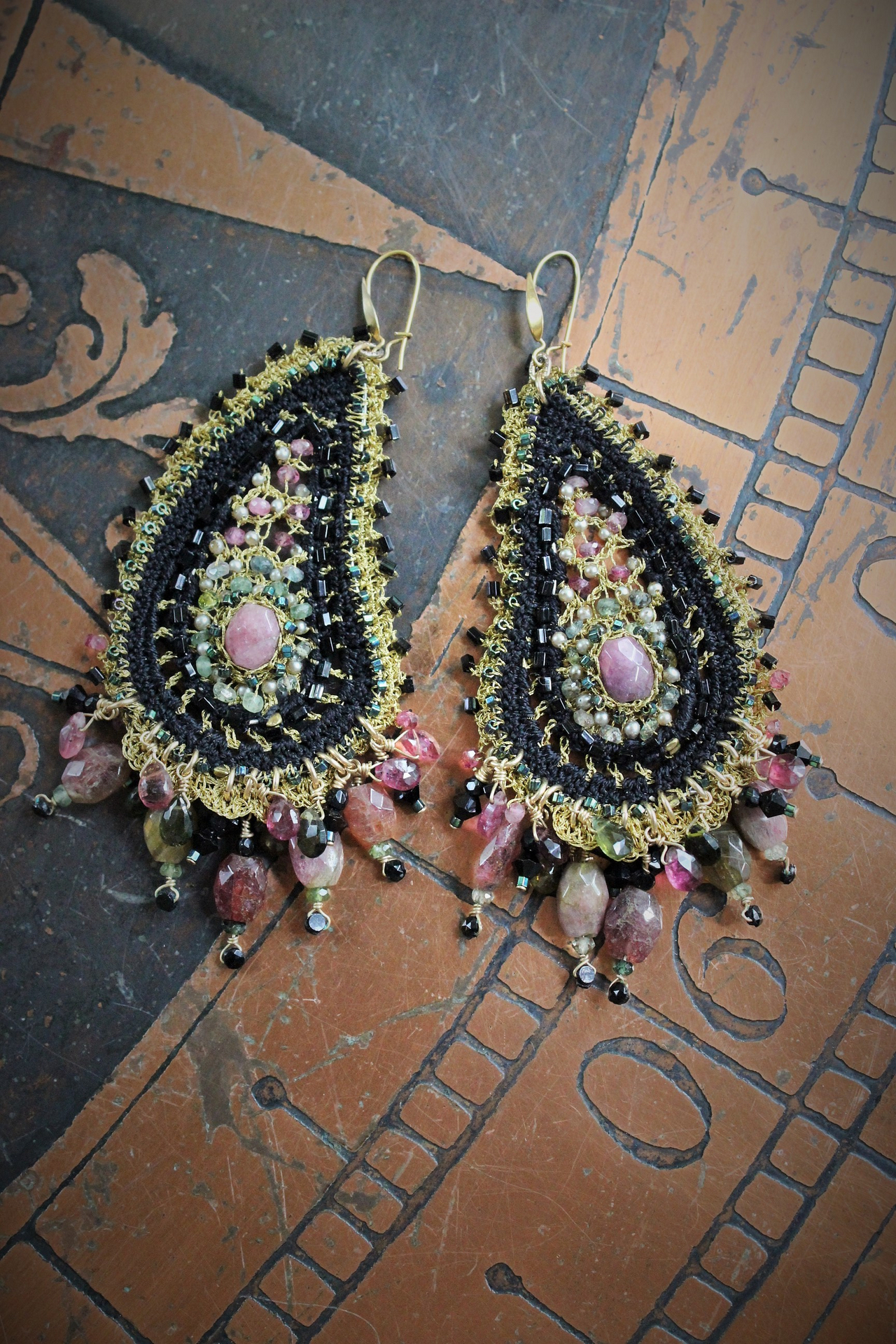 NEW! OOAK Beaded and Crocheted Tourmaline Paisley Earrings!!