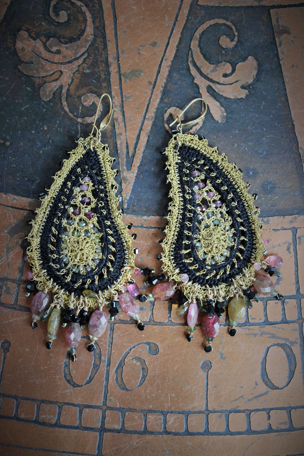 NEW! OOAK Beaded and Crocheted Tourmaline Paisley Earrings!!