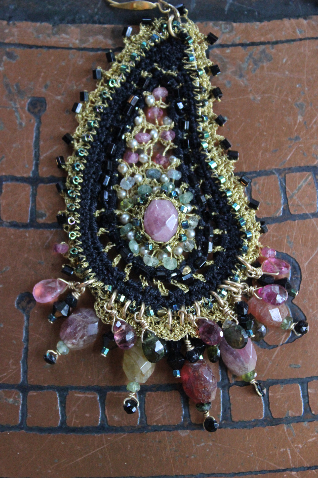 NEW! OOAK Beaded and Crocheted Tourmaline Paisley Earrings!!